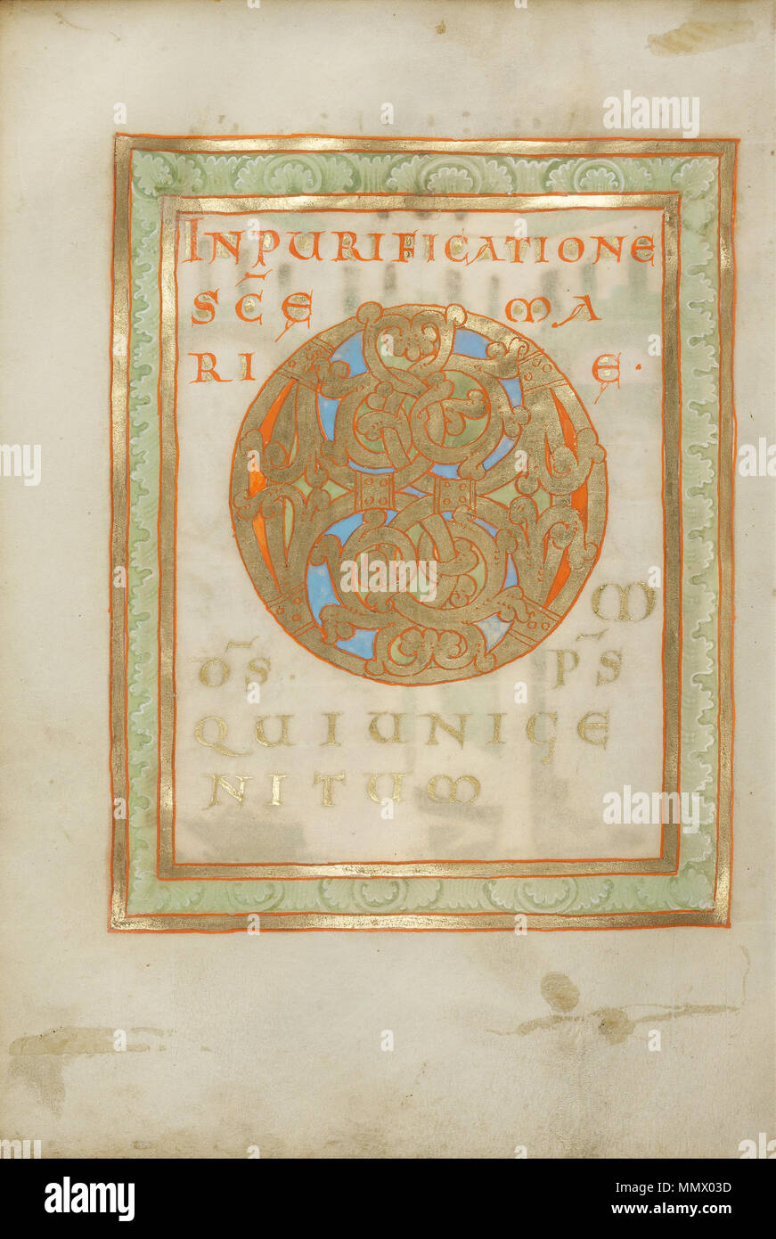 . This imposing initial O begins the readings for a feast celebrating the life of the Virgin Mary. In the time of the Ottonian emperors (the rulers of the Holy Roman Empire from 919 to 1024), manuscript painters experimented with designs inherited from classical Rome. Acanthus leaves and vine scrolls--popular motifs in ancient sculpture--were often incorporated into capital letters. Here, the tendril and leaf forms were flattened and made uniform so that their shapes could be woven into an interlace design, both conforming to the shape of the letter and recalling decorative metalwork.  Decorat Stock Photo