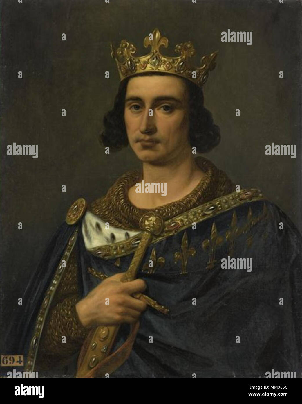 .   Portraits of Kings of France is a serie of portraits commissioned between 1837 and 1838 by Louis Philippe I and painted by various artists for the Musée historique de Versailles.   French: Louis IX (1215-1270) dit Saint-Louis, roi de France. 1837. Decreuse - Louis IX of France Stock Photo