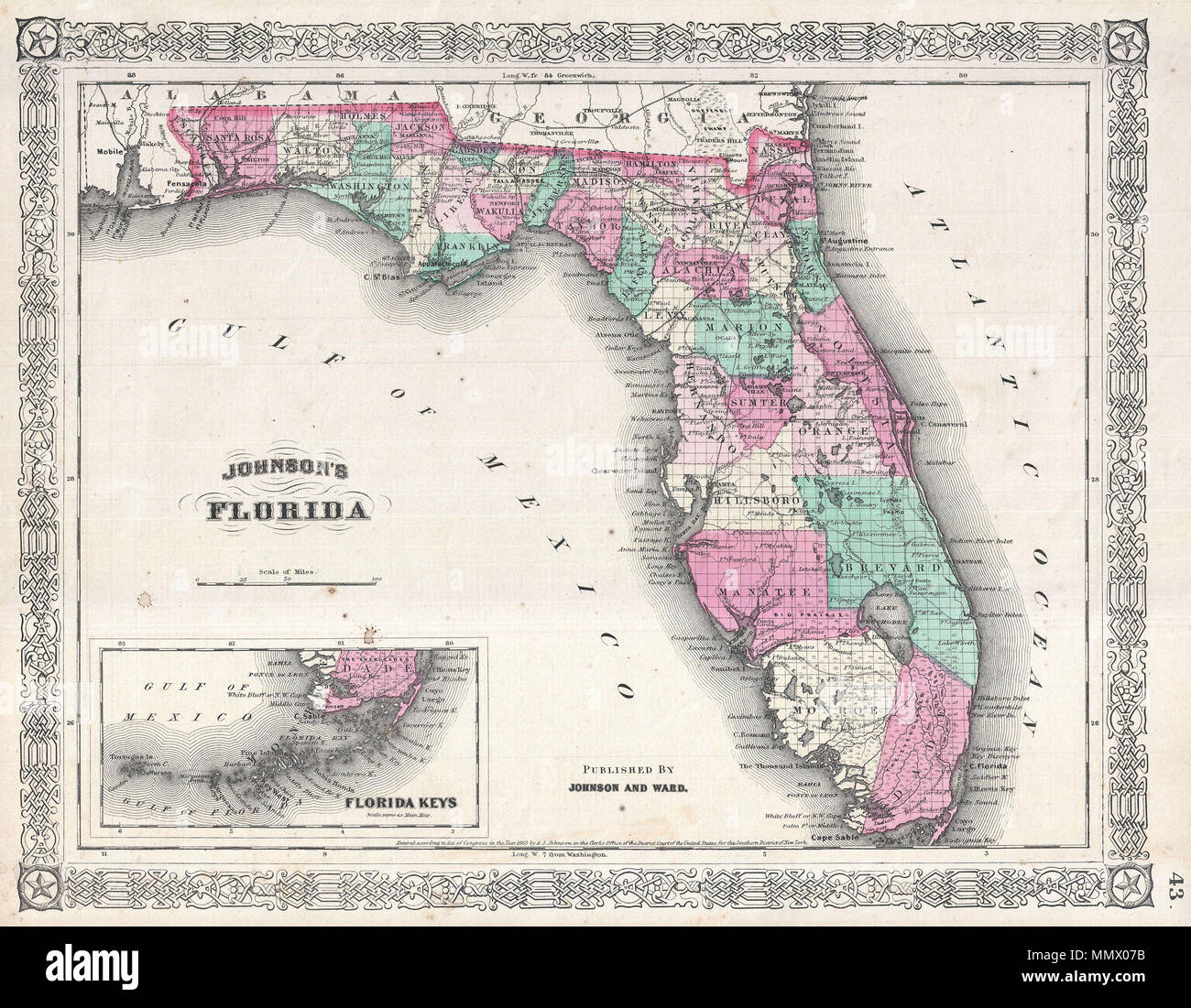 .  English: A beautiful example of A. J. Johnson’s 1866 map of Florida. This rare map offers a fascinating snapshot of this secessionist state shortly following the close of the American Civil War. Map shows the state in full with color coding according to county. Cartographically this map is probably based on U.S. Land Survey charts commissioned in the mid-1850s. Makes numerous references to American Indian tribes and to forts and battles sites related to the Seminole Wars. Notes Lake Okeechobee, the Everglades, the Indian Hunting Grounds, Biscayne Bay, Tampa Bay and the Okefenokee Swamp. Als Stock Photo