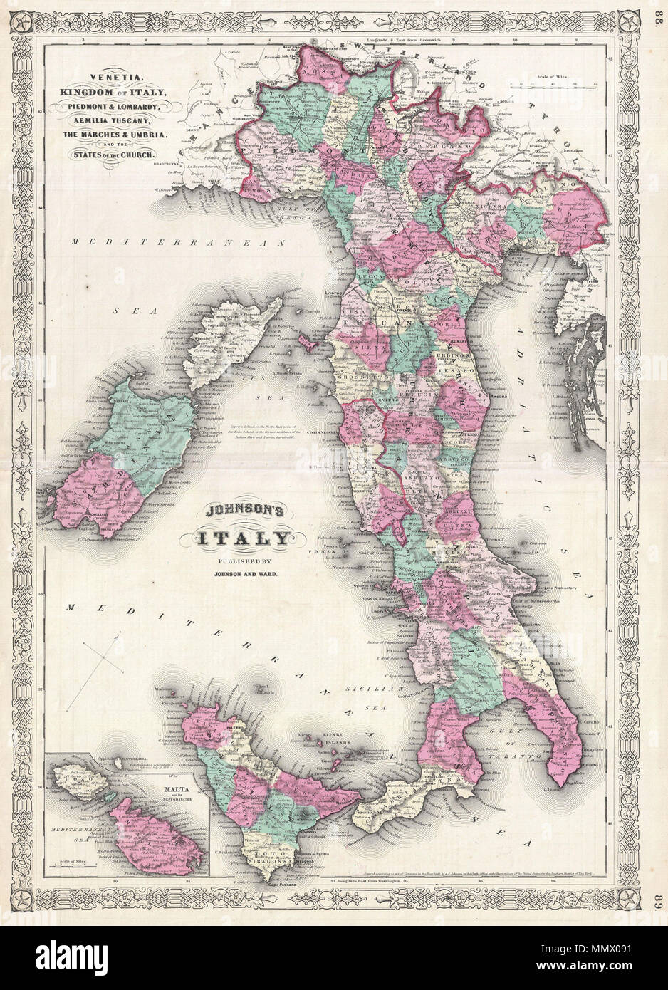 .  English: A beautiful example of A. J. Johnson’s 1866 map of Italy. Johnson first introduced this map in his 1863 atlas and it represents a substantial re-engraving of his original two part plate. Johnson's reconsideration of his Italy map was most likely related to Italy's unification in the 1860s. No longer a collection of independent states, Italy now needed to be represented as a cohesive whole. In order to accommodate this Johnson reorients his map to the northwest , allowing the boot to fill a single vertical page while leaving space to fully depict Sardinia and Corsica. In the lower r Stock Photo