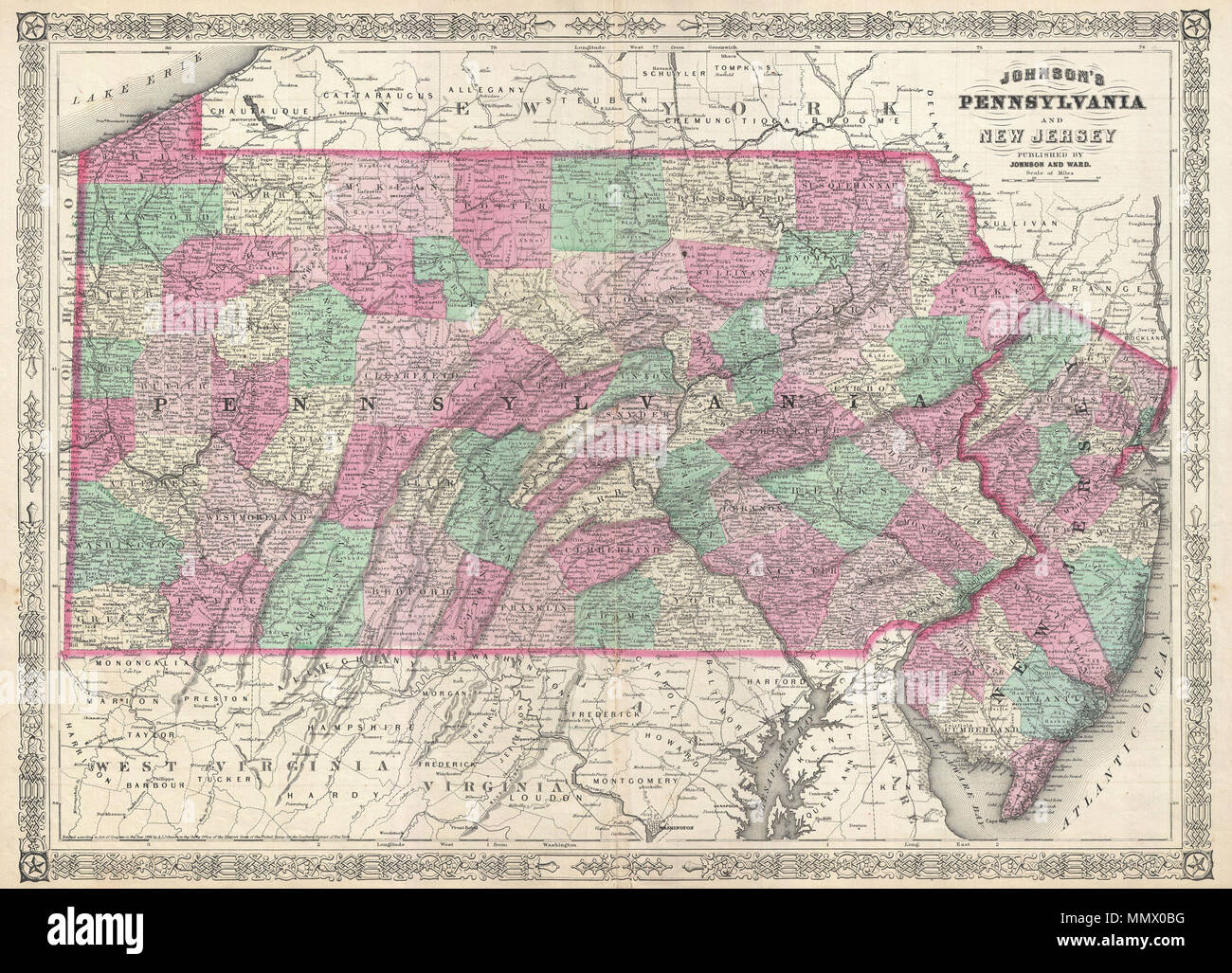 English A Beautiful Example Of A J Johnson S 1866 Map Of Pennsylvania And New Jersey This Rare Map Offers A Fascinating Snapshot Of These Union States Shortly Following The Close Of