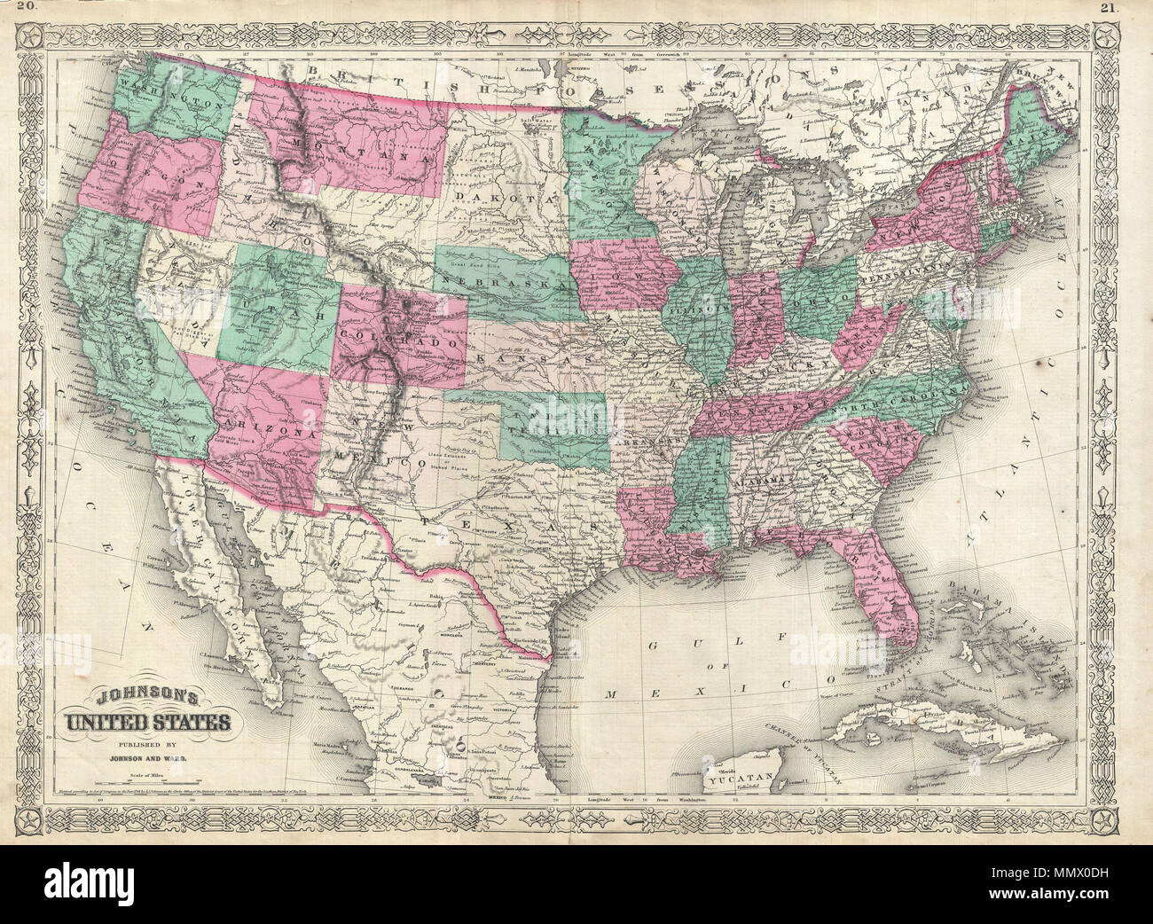 .  English: This is Johnson and Ward’s 1866 map of the United States. Johnson’s map covers the entirety of the United States as well as adjacent parts of Canada and Mexico, revealing the country at a critical historical junction just following the American Civil War. Most states are depicted much as they exist today, with a few notable exceptions: Arizona extends westward into what is today the Las Vegas region of Nevada; Dakotas are a single large territory; Oklahoma is still named the Indian Territory; and Wyoming has a western panhandle extending into what is today Montana. Several importan Stock Photo