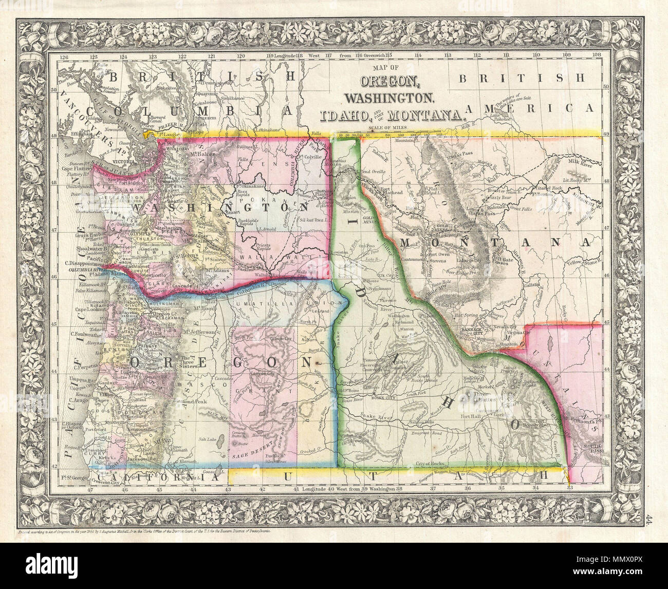 Washington Idaho Border Towns English: A Beautiful Example Of S. A. Mitchell Junior's 1866 Map Of  Washington, Oregon, Idaho And Montana. Color Coded According To County And  Territory. Identifies The Proposed Stevens Route For The