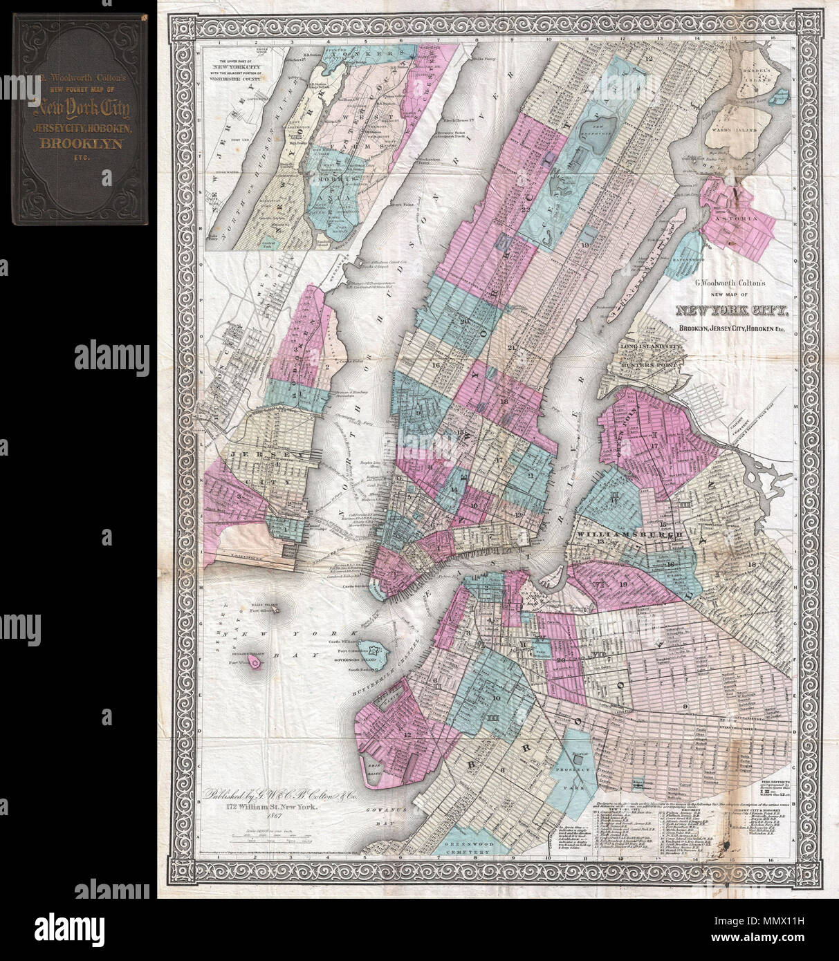 .  English: An extremely rare example of G. Woolworth Colton's 1867 vertical pocket map of New York. This important map, first issued in 1865, marks a significant rethinking of the standard Manhattan map. Previous maps of New York City tended to represent only the lower parts of Manhattan (on the Burr model) or orient the city horizontally with the top of the map facing west (as in the Commissioner's Plan). With the opening of Central Park in the mid 1860s, the previously rural northern portions of the city became not only accessible, but desirable destinations. Map publishers of the period, m Stock Photo