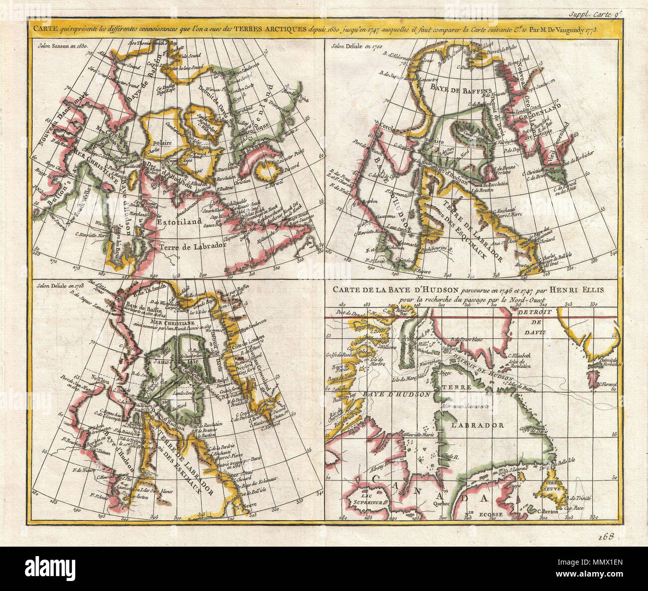 .  English: This is a fascinating combination of four contrasting maps of the same area a single sheet. All four maps cover the northeastern part of America and Greenland, including the Hudson, Button and Baffin Bay regions, the Davis Straits and the Coast Labrador. The upper left map depicts the work of Sanson in 1650, the upper right map the work of De L’Isle in 1700, the lower left map the world of De L’Isle in 1703 and the lower right map the work of Henri Ellis in 1747. This four map chart is one of the earliest examples of comparative cartography. Prepared by Vaugondy as plate no. 9 for  Stock Photo