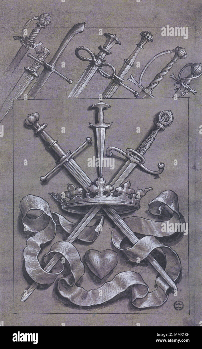 .  English: Design for a Swordsmith's Sign, chiaroscuro drawing. Pen and ink and brush, grey wash, white heightening, 24.6 × 15.3 cm, Kunstmuseum Basel. The coat of arms of the swordsmiths of Basel shows a Swiss dagger between swords crossed through a crown. The handles of combat weapons and hunting knives above the rectangular field may advertise the goods of the master (Müller, 212).  . circa 1520. Design for a Swordsmith's Sign, by Hans Holbein the Younger Stock Photo