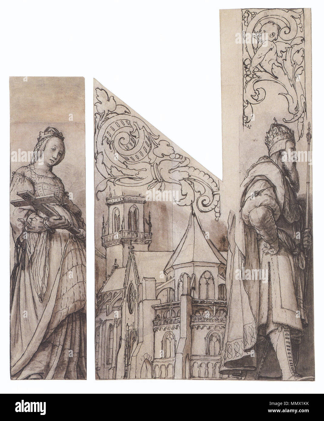 . English: Design for Organ Shutters for Basel Cathedral, parts 1 & 2, left side. Pen and ink and brush over preliminary chalk drawing, brown and grey wash, Kunstmuseum Basel.   Right shutters  1. The Empress Kunigunde, 26.1 × 7.6 cm (top), 7.8 cm (bottom) 2. The Emperor Heinrich II and Basel Cathedral, 30.6 (left), 37.9 (right) × 22.2 cm} Organ shutters protected the organ from dust and dirt. Here, the central panels and side panels would have been connected by a hinge. These left-side shutters depict the founders of Basel Cathedral, Heinrich II, Holy Roman Emperor, and his wife St Kunigunde  Stock Photo
