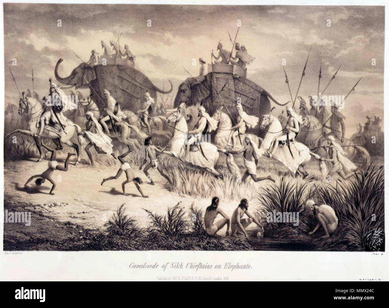 English: Dhyan Singh, prime minister of Ranjit Singh, Maharaja of the Punjab, with other Sikh nobles, on their way to meet Sir George Clerk, British envoy, with an escort of cavalrymen; English: Dhyan Singh, prime minister of Ranjit Singh, Maharaja of the Punjab, with other Sikh nobles, on their way to meet Sir George Clerk, British envoy, with an escort of cavalrymen;