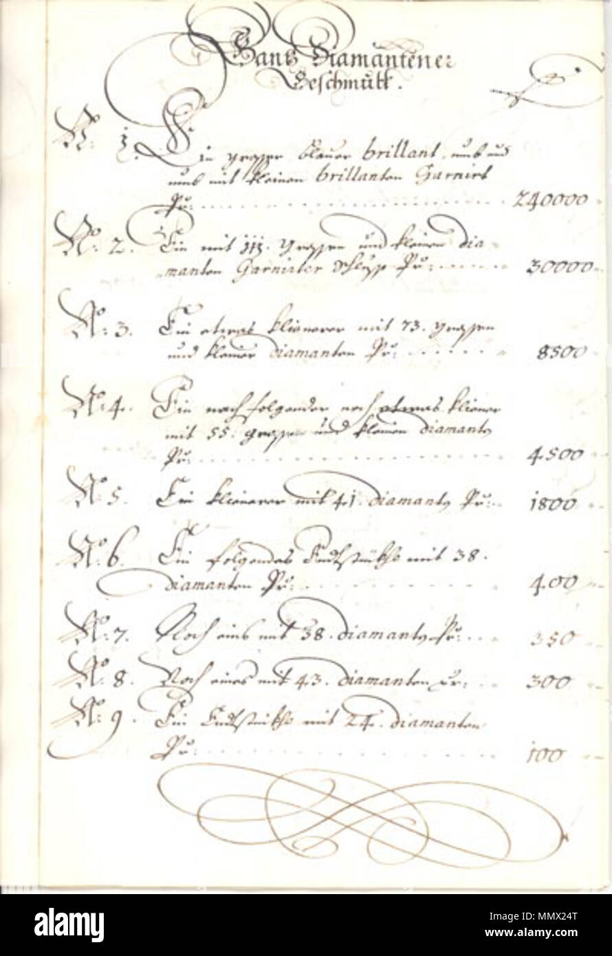 . English: inventory of jewels owned by w:en:Maria Amalia of Austria, 1722; Austrian State Archives, Vienna, Signatur: HHStA Familienurkunden Nr. 1882  . 1722. Scan of archival file: Austrain State Archive; upload by user:Concord Diamantinventar Stock Photo