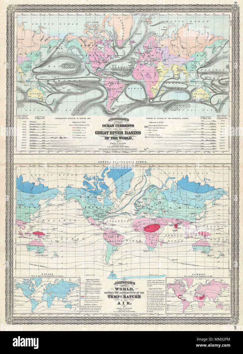 .  English: This is A. J. Johnson 1870 thematic map of the world illustrating Currents, River Basins, and Air Temperature. Combines two maps, both based upon the work of Geologist A. Guyot, on a single folio sheet. The upper map depicts the world’s ocean currents and illustrates the Great River Basins of the world. Under the map a comparative chart indicates the lengths of the world’s great rivers. The lower map depicts the average air temperatures for different parts of the world. Two smaller maps at the bottom of the main map show variances for winter and summer. Features the spirograph styl Stock Photo