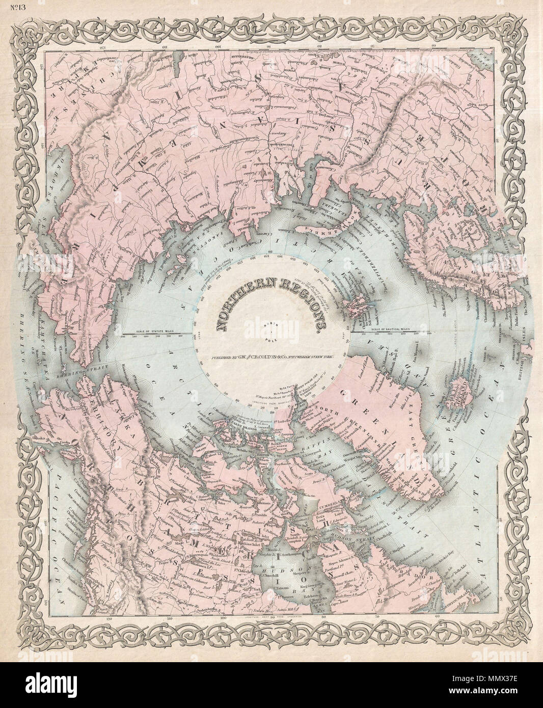 .  English: A rarely seen variant state of Colton’s map of the North Pole or Arctic. Covers from Lake Baikal, the Hudson Bay, the British Isles and Kamchatka north to the Pole. Generally gives an excellent overview of the state Arctic exploration and discovery to about 1855. Though this map is not significantly different from earlier editions - the only notable plate change is the replacement of J.H. Colton's imprint with teh G.W. and C.B. Colton imprint - however it is unique in that color has been added. All previous editions of this map were in black and white. Prepared by G. W. and C. B. C Stock Photo