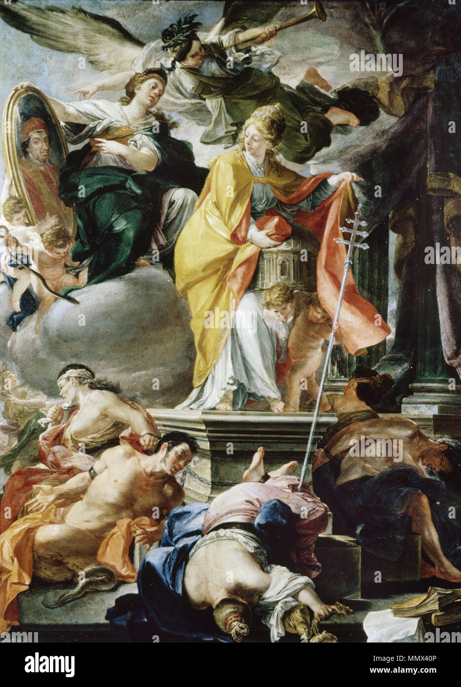 .  English: In this allegory, various symbolic motifs are brought together to express Clement XI's papacy (r. 1700-1721) as an abstract concept. The standing woman at center wearing the papal tiara is holding her cape in a protective manner over a little temple supported by angels. She may by an allegory of Religion protecting the Roman Church. To the base, on which she stands like a column, are chained different agonized figures symbolizing vices, an allusion to Protestants and Muslims. Above, Fame blows her horn while pointing to a portrait of the pontiff. The allegory as a whole is a portra Stock Photo