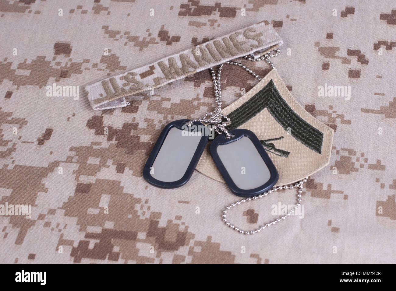 us marines camouflaged uniform with blank dog tags Stock Photo