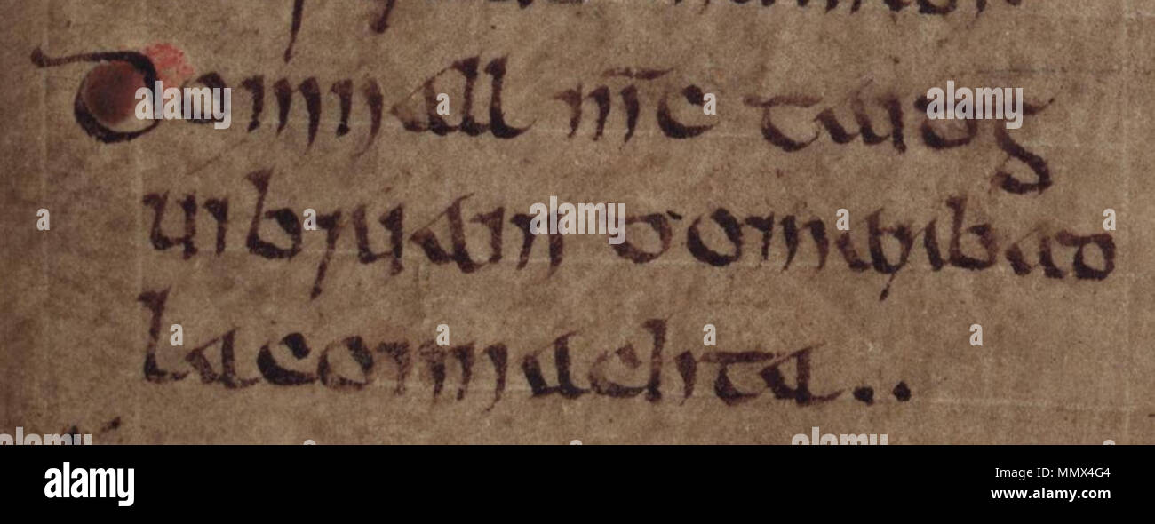 . English: An excerpt from folio 34r of Bodleian Library MS Rawlinson B 503 (the Annals of Inisfallen). The excerpt reads in Gaelic 'Domnall mc. Taidg Uí Briain do marbad la Connachta'. The man referred to is Domnall mac Taidc, King of the Isles (died 1115).  . before 1500.. Unknown. The manuscript is the work of numerous scribes. Domnall mac Taidc (Bodleian Library MS Rawlinson B 503, folio 34r) Stock Photo