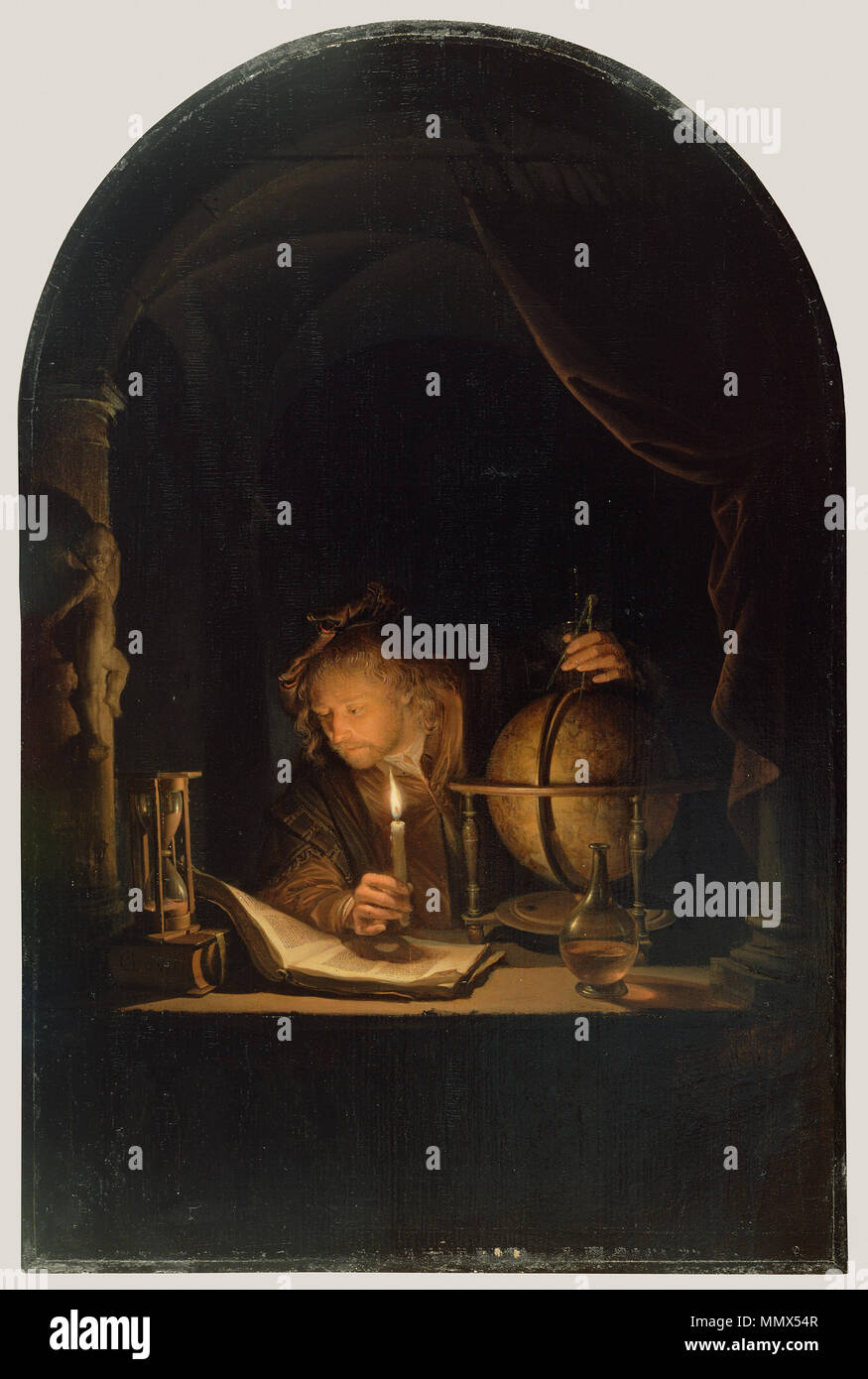 Astronomer by Candlelight; Gerrit Dou, Dutch, 1613 - 1675; late 1650s; Oil on panel; Unframed: 32 x 21.2 cm (12 5/8 x 8 3/8 in.), Framed: 45.9 x 34.4 x 5.4 cm (18 1/16 x 13 9/16 x 2 1/8 in.); 86.PB.732 Dou, Gerard - Astronomer by Candlelight - c. 1665 Stock Photo