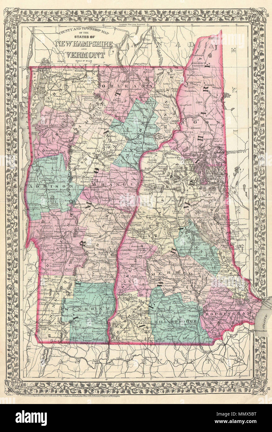 .  English: A beautiful example of S. A. Mitchell Jr.’s 1877 map of Vermont and New Hampshire. Denotes both political and geographical details. Divided according to counties and highlighted with Mitchell’s typical pastels. One of the most attractive American atlas maps of this region to appear in the mid 19th century. Features the vine motif border typical of Mitchell maps from the 1866 - 1882 period. Prepared by S.A. Mitchell for inclusion as plate nos. 18 and 19 in the 1878 issue of Mitchell’s New General Atlas . Dated and copyrighted, “Entered according to Act of Congress in the Year 1877 b Stock Photo