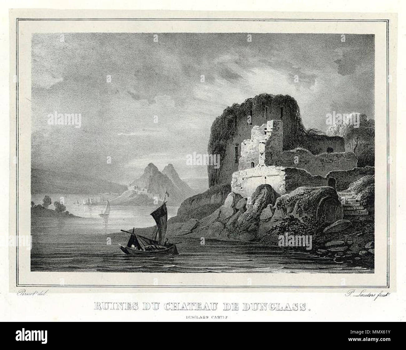 . 'Ruines du Chateau de Dunglass, Dunglass Castle' drawn by F.A.Pernot and printed by A.Dewasme. Published in Vues Pittoresque De L'Ecosse,1827. This cannot be Dunglass Castle, East Lothian, because that building was some distance inland, next to a stream, whereas this image is clearly next to a substantial body of water, i.e. The Clyde.  . 1827. Drawn by F.A.Pernot and printed by A.Dewasme Dunglass Castle Stock Photo