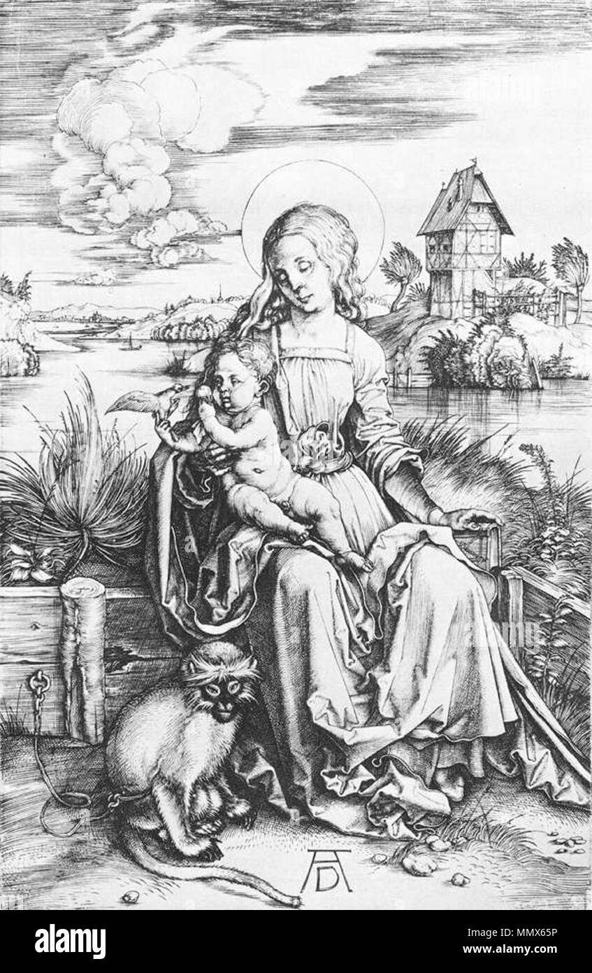 English: Madonna with a monkey Deutsch: Die heilige Familie mit der Meerkatze Magyar: Madonna egy majommal . circa 1498. Durer - Madonna with a monkey Stock Photo