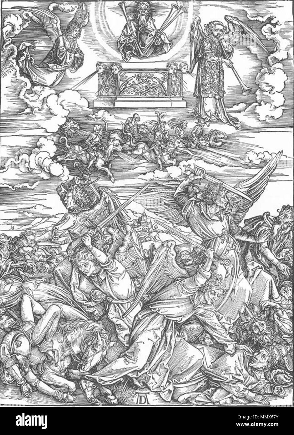 . The Revelation of St John: The Battle of the Angels Woodcut, 39 x 28 cm Staatliche Kunsthalle, Karlsruhe  . between 1497 and 1498. see filename or category Durer, apocalisse, 08 battaglia degli angeli Stock Photo
