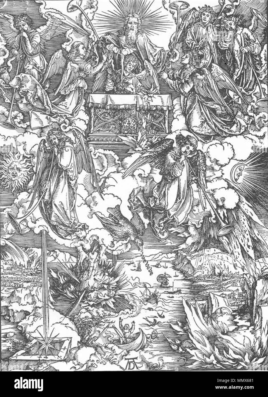 . The Revelation of St John: The Seven Trumpets Are Given to the Angels Woodcut, 39 x 28 cm Staatliche Kunsthalle, Karlsruhe  . between 1497 and 1498. see filename or category Durer, apocalisse, 07 sette trombe date agli angeli Stock Photo