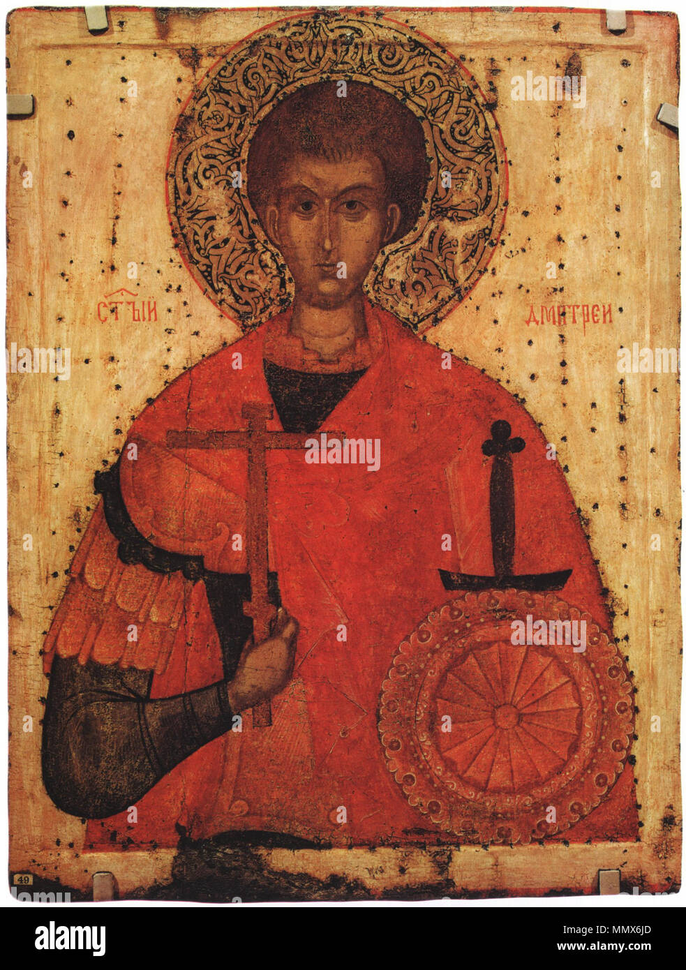 . Русский: Дмитрий Солунский. Псковская икона XV века. Polski: Św. Dymitr z Salonik English: Saint Demetrius of Thessaloniki Tempera on wood, 87x57x3.5, Russian Museum, Sankt Petersburg  . XV. Polski: Szko?a pskowska English: Pskov school Dymitr z Salonik Stock Photo