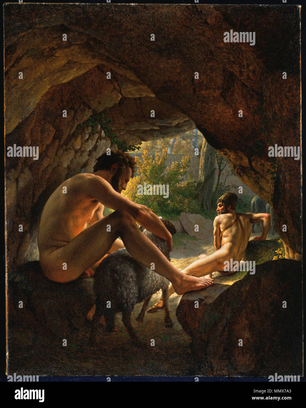 .  English: Catalogue Entry: Eckersberg spent 1811 to 1812 in the studio of David, practicing life drawing and history painting. One of a series of subjects from the Odyssey, this is perhaps the most compelling. The giant Polyphemus in his cave looms over a sheep, searching for Ulysses and his companions, who blinded the one-eyed monster. The men have escaped beneath the bellies of the flock; Ulysses, at the end, prepares to join his companions. The Mediterranean light is dazzling. We viewers remain imprisoned in the tenebrous foreground as Ulysses slips away. Eckersberg’s study of the eloque Stock Photo