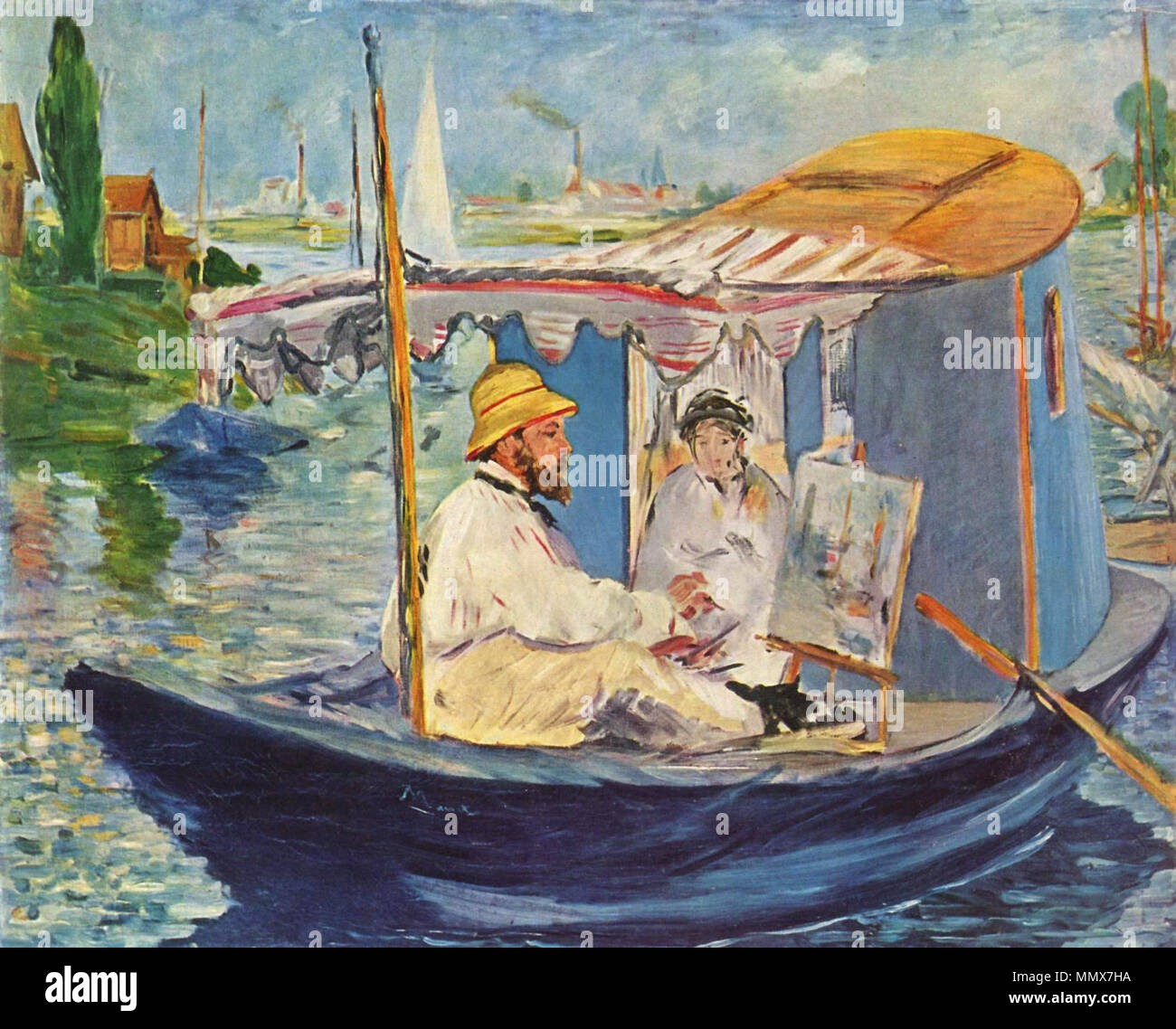 . Impressionist portrait of Claude Monet painting, in a boat on the Seine in Argenteuil.  Claude Monet in Argenteuil — by Édouard Manet, 1874.. 1874. Edouard Manet 010 Stock Photo