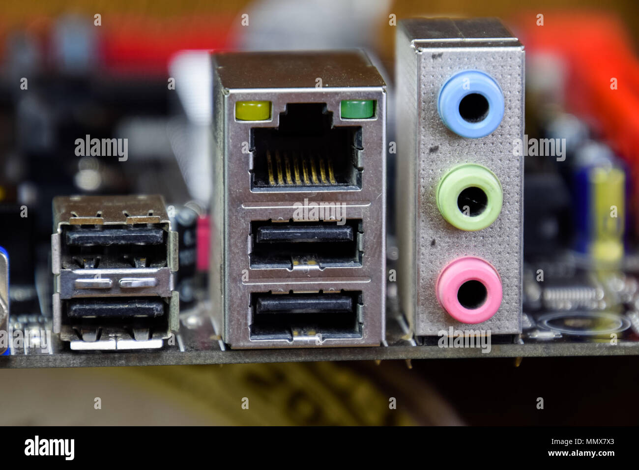 input and audio inputs Electronic board with electrical components ...