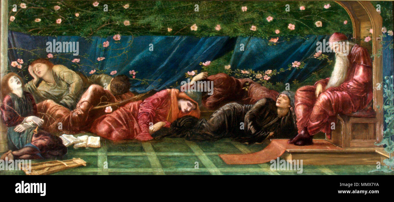 Español: El rey y su corte (serie pequeña El rosal silvestre) . from 1871 until 1872. Edward Burne-Jones - El rey y su corte (serie Little Briar Rose) Stock Photo