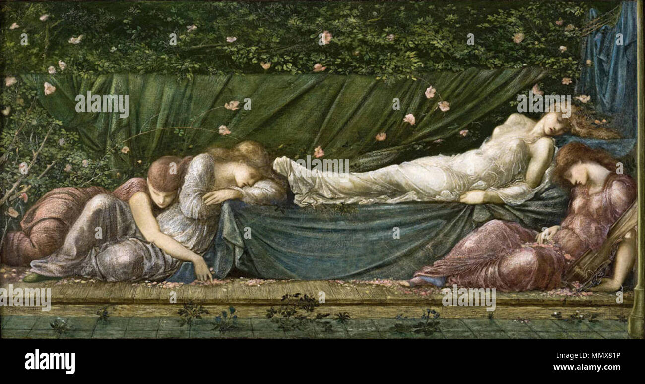 .  English: The Sleeping Beauty from the small Briar Rose series, oil on canvas painting by Edward Coley Burne-Jones, 60 x 115 cm., Museo de Arte de Ponce  . circa 1890. Edward Coley Burne-Jones, The Sleeping Beauty from the small Briar Rose series, Museo de Arte de Ponce Stock Photo