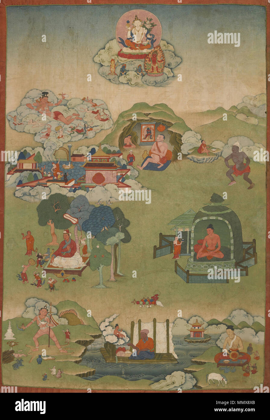 . This is the last painting of an eleven-painting set from Palpung monastery and dedicated to “The Eighty-four Great Tantric Adepts (Mahasiddhas). Especially interesting is the figure of the great adept Putalipa at top center, seated in a cave and gazing at an image of the meditational deity Samvara. The scene offers a view of a tantric Buddhist icon in use. Above in the sky are the white bodhisattva Samantabhadra and, below him, small, red wrathful figure Cakhavartin. The other figures can be identified as: the bodhisattva Samantabhadra; Darikapa; Putalipa; Upanaha; Kokilipa; Anangapa; Lakshm Stock Photo