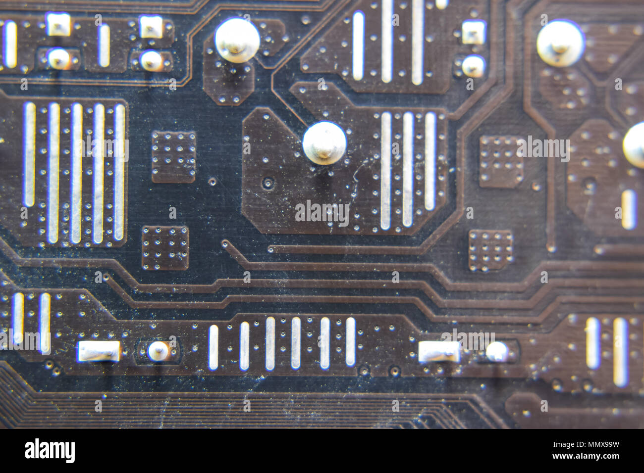 The reverse side of the microboard. Contacts solder. Soldered parts. Electronic board with