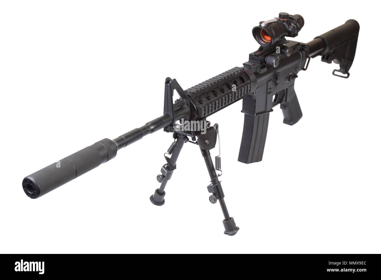 assault rifle with bipod and silencer isolated on a white background ...
