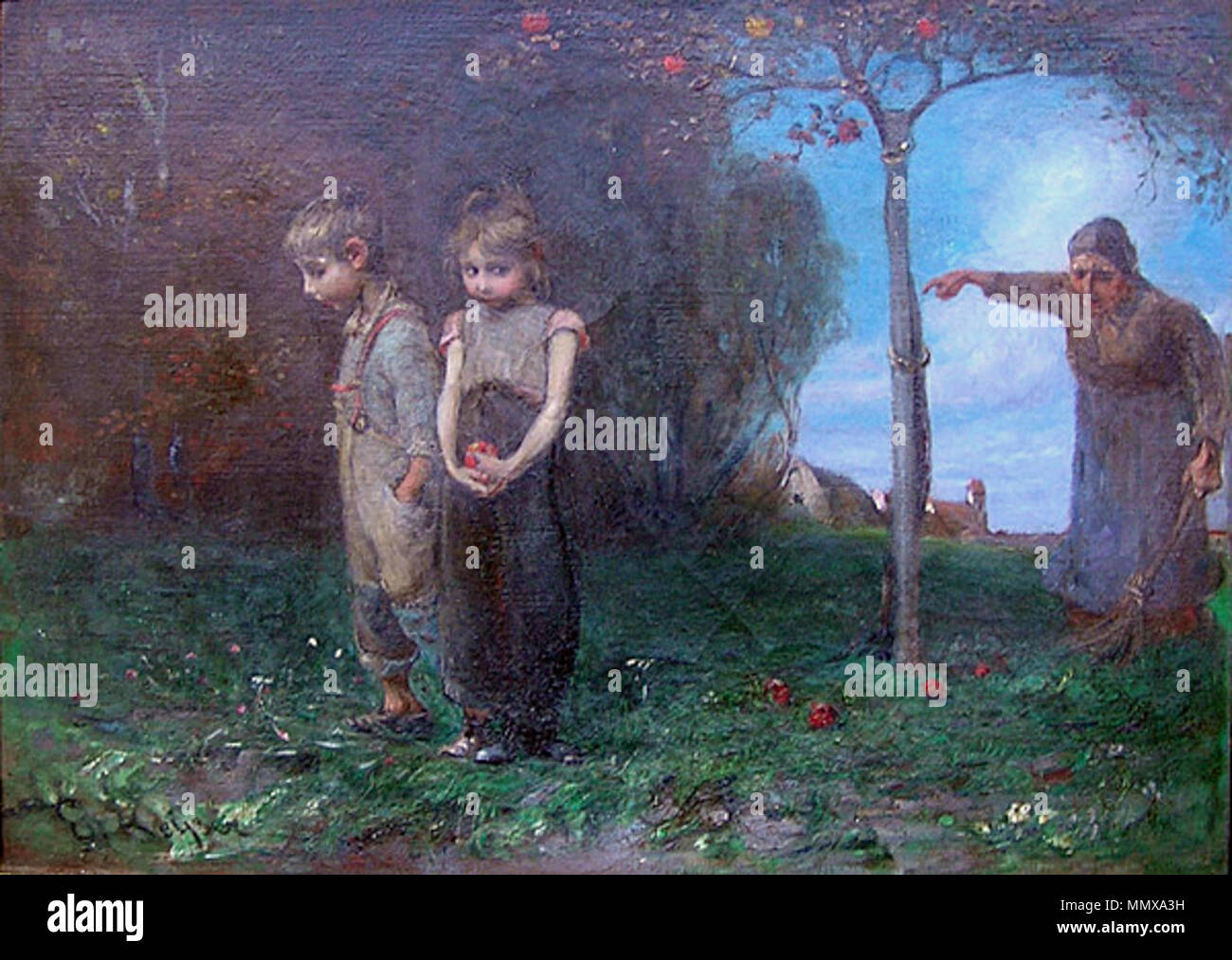 . two children are expelled from an orchard by an old lady who caught them stealing apples  Expulsion from the Garden of Eden. by 1898.   Elisabeth Keyser  (1851–1898)     Alternative names Hilda Elisabeth Keyser  Description Swedish painter  Date of birth/death 22 January 1851 16 December 1898  Location of birth/death Stockholm Stockholm  Work location Paris (1882 - 1890); Stockholm (1891 - 1898)  Authority control  : Q4958665 VIAF:?96334141 ULAN:?500089711 KulturNav:?bb97d674-ea8a-4b99-aef3-36abb7e19e1d RKD:?44217 Elisabeth Keyser Expulsion from the Garden of Eden Stock Photo