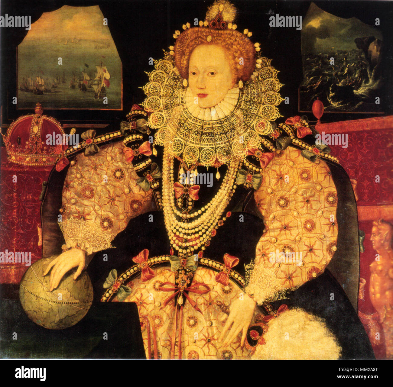 . Elizabeth I of England, the Armada Portrait, possibly commissioned by Sir Francis Drake. Oil on panel, 110.5 x 127 cm (43½ x 50 in.). Other versions of the Armada portrait are by different artists.  . circa 1588. Unknown artist, British School Elizabeth I Armada Portrait British School Stock Photo