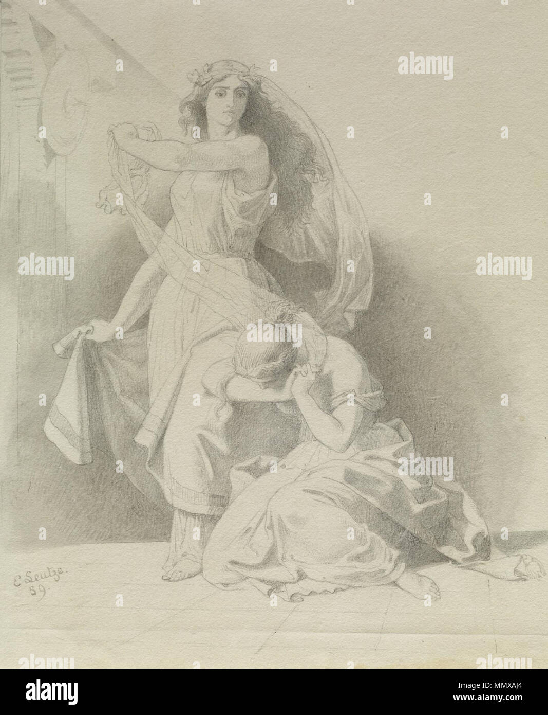 37.1266 Emanuel Leutze. 'Woman Weeping At Feet Of Woman,' 1859. Pencil on paper. Walters Art Museum (37.1266): Acquired by William T. Walters. Emanuel Leutze - Woman Weeping at the Feet of Another - Walters 371266 Stock Photo