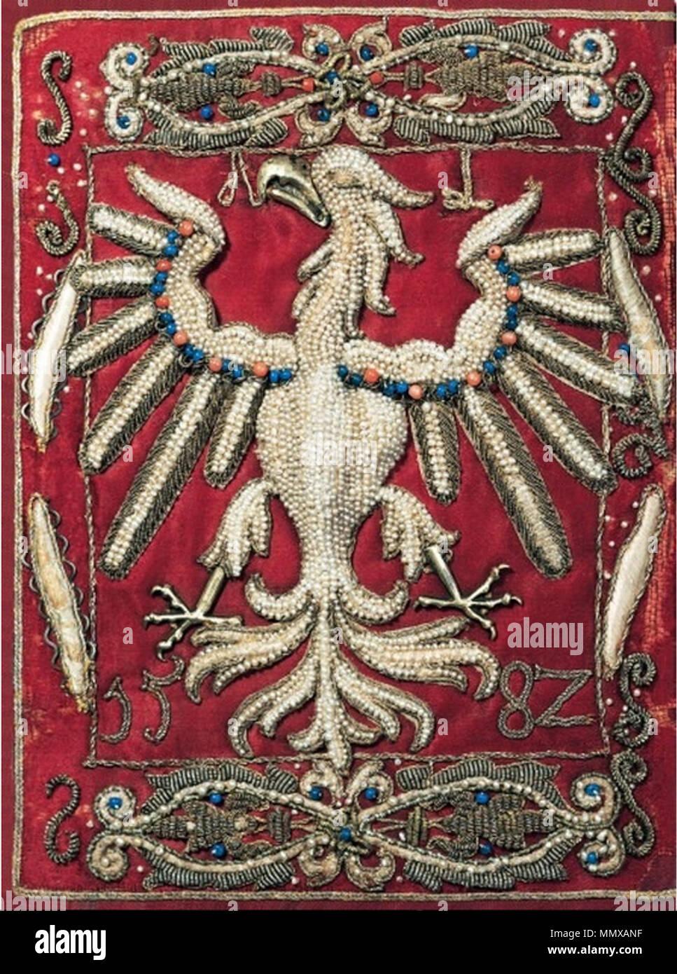 . Embroidered Polish eagle on a book from by Anna Jagiellon's library, known as prayer book of Anna Jagiellon. Embroidered Polish eagle by Anna Jagiellon Stock Photo