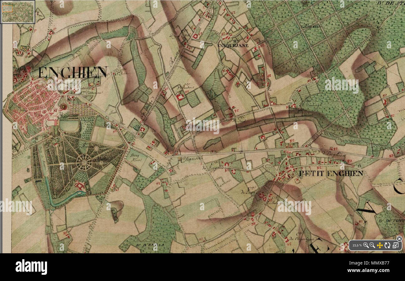. English: Enghien , Belgium, Ferraris Map, 1775.jpg  . 1775. Joseph Johann Ferraris (1726 – 1814) Enghien , Belgium, Ferraris Map, 1775 Stock Photo