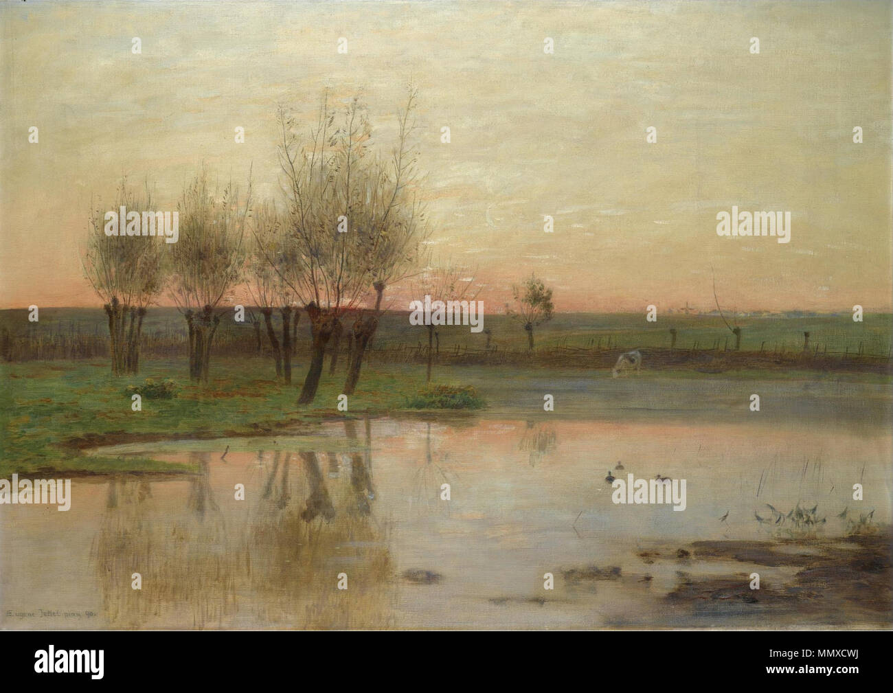 .  Deutsch: Stehendes Gewässer mit Weiden. Öl auf Leinwand, 82 x 115,5 cm. Signiert und datiert Eugène Jettel pinx 90 English: The Watermeadow. Oil on canvas, 82 x 115.5 cm. Signed and dated Eugène Jettel pinx 90  . 1890. Eugen Jettel-The Watermeadow Stock Photo