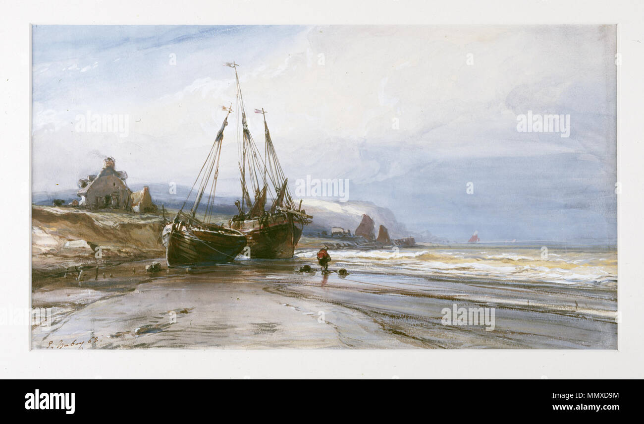 37.888 Eugène Isabey (French, 1803-1886). 'Fishing Boats,' 1862. watercolor heightened with white and gum on moderately thick, slightly textured, cream wove paper. Walters Art Museum (37.888): Acquired by William T. Walters, before 1884. Eugène Isabey - Fishing Boats - Walters 37888 Stock Photo