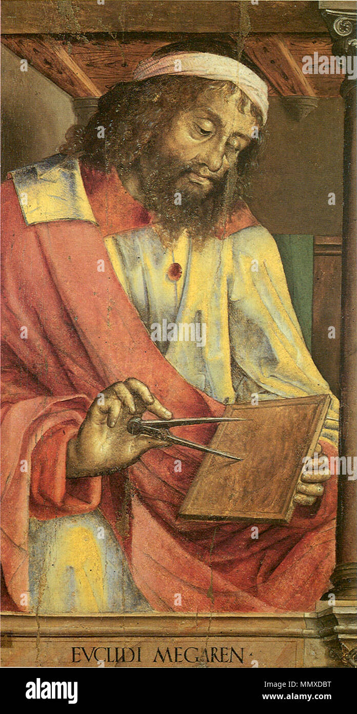 . English: 'Euclid of Megara' (lat: Evklidi Megaren), Panel from the Series 'Famous Men', Justus of Ghent, about 1474, Panel, 102 x 80 cm, Urbino, Galleria Nazionale delle Marche. This picture is meant to represent the famous mathematician Euclid of Alexandria, who was, in medieval times, wrongly identified with Euclid of Megara, the disciple of Socrates.  . circa 1474.   Justus van Gent  (fl. 1460–1480)     Alternative names Giusto da Guanto, Justus of Ghent, Birth name: Joos van Wassenhove  Description Flemish painter and draughtsman  Date of birth/death circa 1430 after 1480  Location of bi Stock Photo