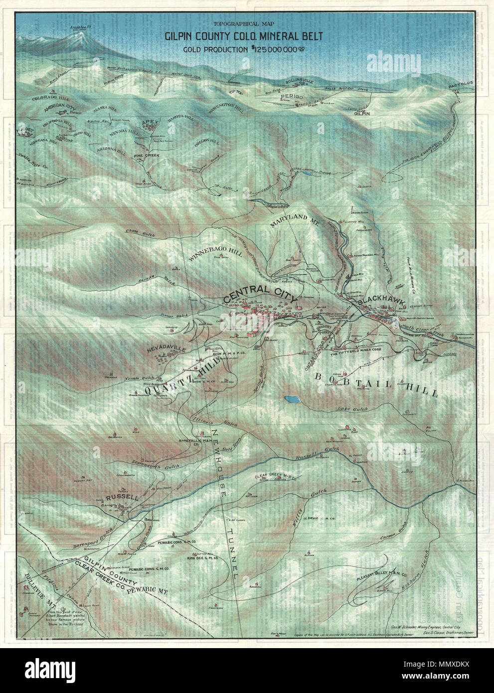 .  English: This is a stunning 1904 broadside bird's eye view or map of Gilpin County, Colorado. Centered on Central City, this view extends as far north as Rollinsville and Arapahoe Peak, as far south as Bellevue Mountain, as far east as Randolph Mill, and west as far as Nugget. In 1859 John H. Gregory discovered gold high in the Rocky Mountains near Denver. The subsequent gold rush was one of the richest in U.S. history and contributed significantly to the settling and development of Colorado in the mid to late 19th century. This stunning view, issued by the Gilpin County Chamber of Commerce Stock Photo
