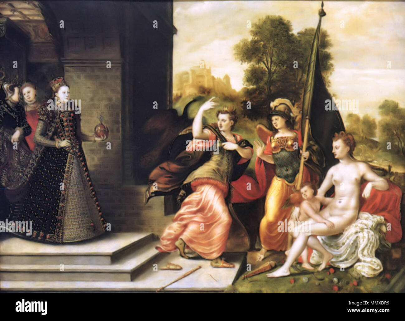 .  English: Allegoric representation of Elizabeth I with the goddesses Juno, Athena & Venus/Aphrodite. The fact that Juno seems to signal the Queen to walk towards the goddess suggests that the painting was commissioned to pressure Elizabeth into marriage.  Elizabeth I and the Three Goddesses. 1569. Eworth Elizabeth I and the Three Goddesses 1569 Stock Photo
