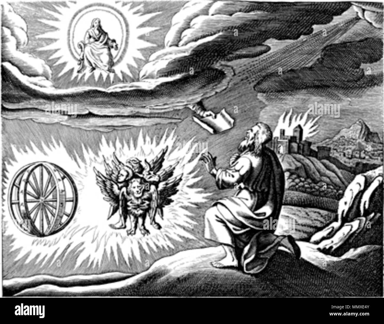 . Engraved illustration of the 'chariot vision' of the Biblical book of Ezekiel, chapter 1, after an earlier illustration by Matthaeus (Matthäus) Merian (1593-1650), for his 'Icones Biblicae' (a.k.a. 'Iconum Biblicarum').  . 1670. copy by unknown artist after illustration by Matthaeus (Matthäus) Merian the elder (1593-1650) Ezekiel's vision Stock Photo