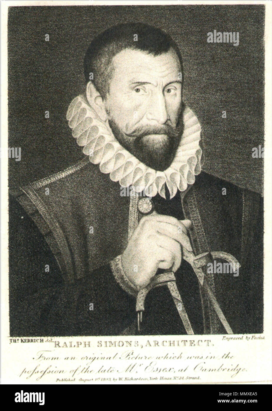 .  English: Portrait of the mason Ralph Symons (fl.1580-1610), c. 1595, holding a pair of architect's compasses. Engraving by Georg Siegmund Facius (1803) after a crayon drawing by Thomas Kerrich (1748-1828) 'From an original Picture which was in the/ possession of the late Mr. Essex at Cambridge' Facius Brothers Ralph Symons 1803 Stock Photo