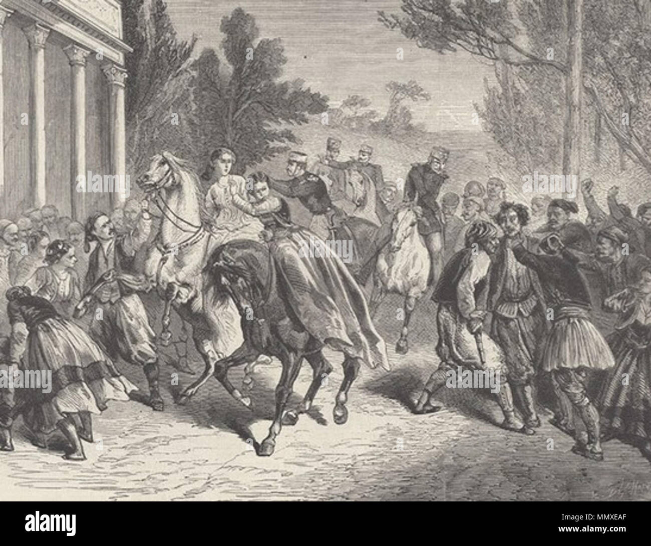 . English: The failed assassination attempt of Aristeidis Dosios on queen Amalia of Greece in Athens, September 1861  . 29 July 2016. Unknown Failed assassination attempt on queen Amalia of Greece Stock Photo