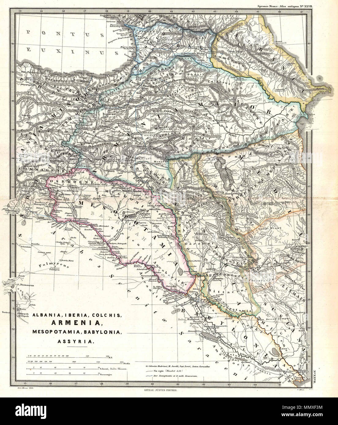 .  English: A particularly interesting map, this is Karl von Spruner’s 1865 rendering of the Caucasus and Mesopotamia in antiquity. Centered on Lake Van (modern day eastern Turkey), this map covers the Caucasus region between the Black Sea and the Caspian Sea, then southwards to the Fertile Crescent as far as the Euphrates River, Babylonia, and the head of the Persian Gulf. These regions include the modern day countries of Iraq, Armenia, Georgia, Azerbaijan, and adjacent parts of Syria, Turkey, Iran, and the North Caucasus. Like most of Spruner’s work this example overlays ancient political ge Stock Photo