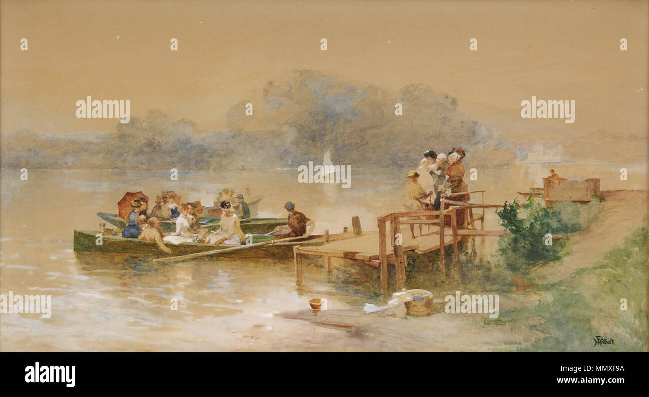 . Der Bootsausflug. Signiert. Gouache. 36 x 66 cm  . by 1889. Ferdinand Heilbuth Der Bootsausflug Stock Photo