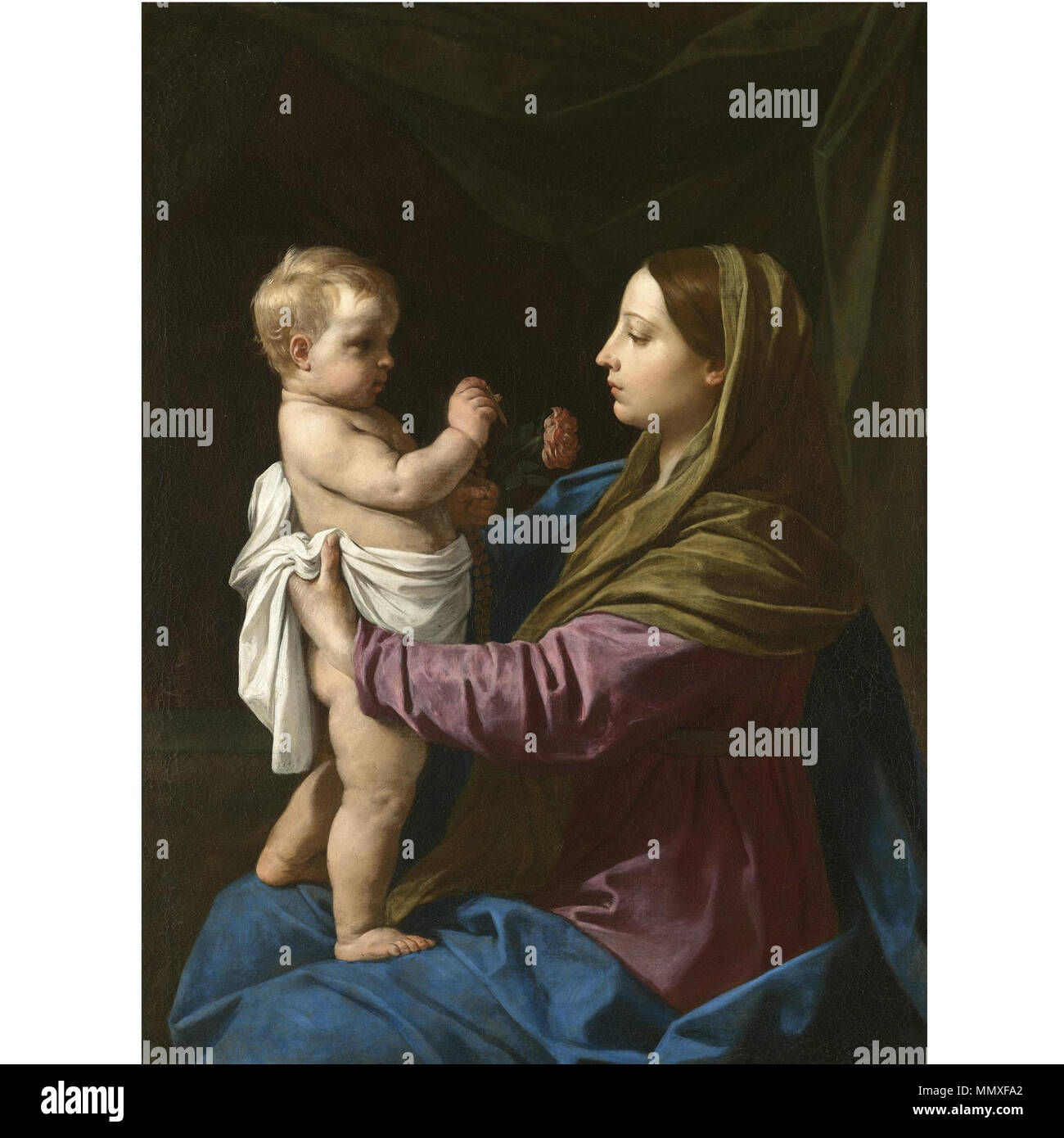 The Madonna and Child Holding A Rosary Crucifix and a Rose (Madonna Della Rosa). 1642s. Simone Cantarini - The Madonna and Child Holding A Rosary Crucifix and a Rose (Madonna Della Rosa) Stock Photo