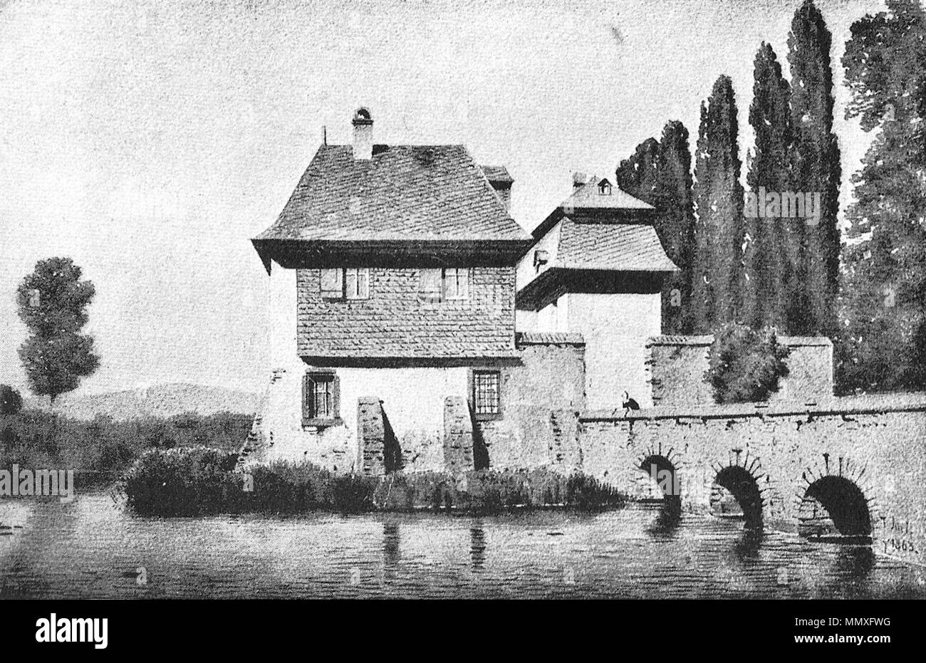 . English: Frankfurt/M., Germany: Grosser Kettenhof, a fortified farmhouse west of town, viewn from east, 1863. The buildings were torn down in 1890. Black-and-white print of a watercolor painting. Deutsch: Frankfurt am Main: Der Große Kettenhof, ein befestigter Gutshof westlich der Stadt (heutiges Westend-Süd) an dem nach ihm benannten Kettenhofweg; Ansicht von Osten. Die Hofgebäude wurden um das Jahr 1890 herum abgerissen. Schwarzweiß-Reproduktion eines Aquarells.  . 1863.   Carl Theodor Reiffenstein  (1820–1893)     Description German architectural painter, landscape painter and draughtsman Stock Photo